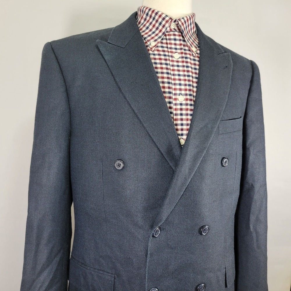Alan Flusser Men's Double Breast Sport Coat Blazer Peak Navy Silk Wool 44L - Picture 8 of 16